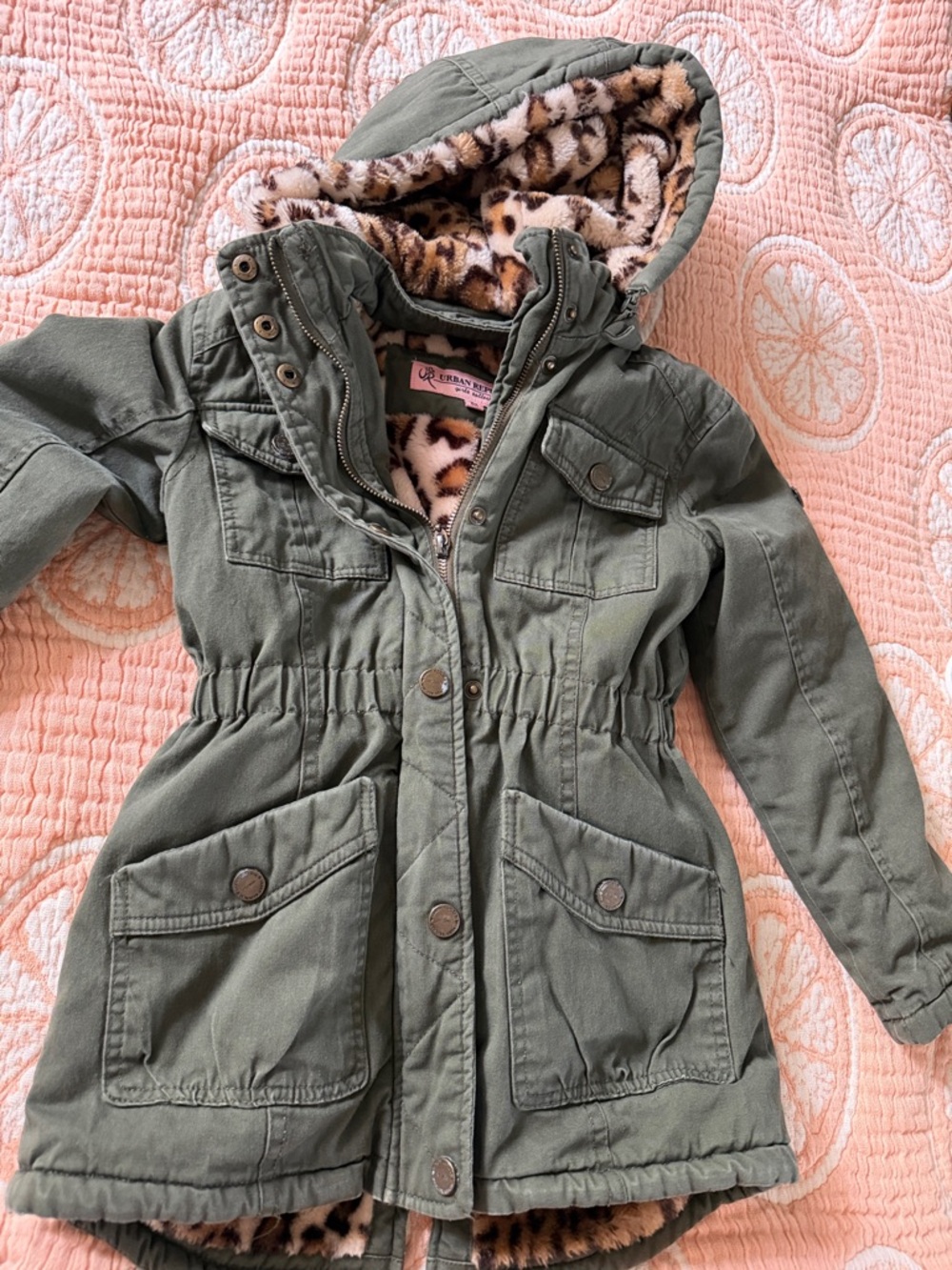 Urban Republic Olive Green Hooded Puffer Jacket with Leopard Faux-Fur Lining
